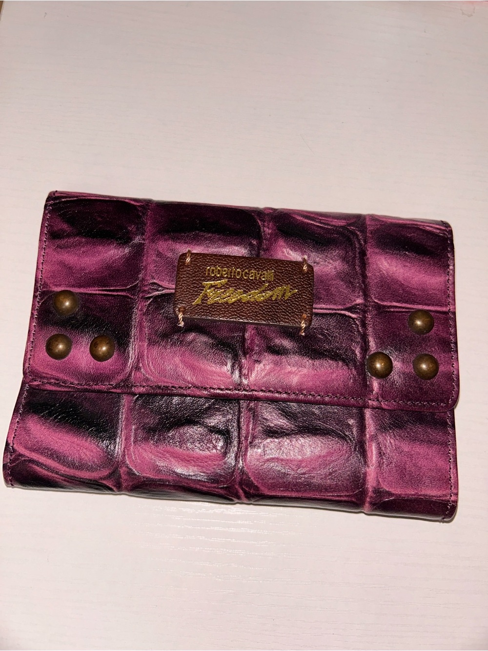 Roberto Cavalli Plum Quilted Leather Wallet with Brass Studs